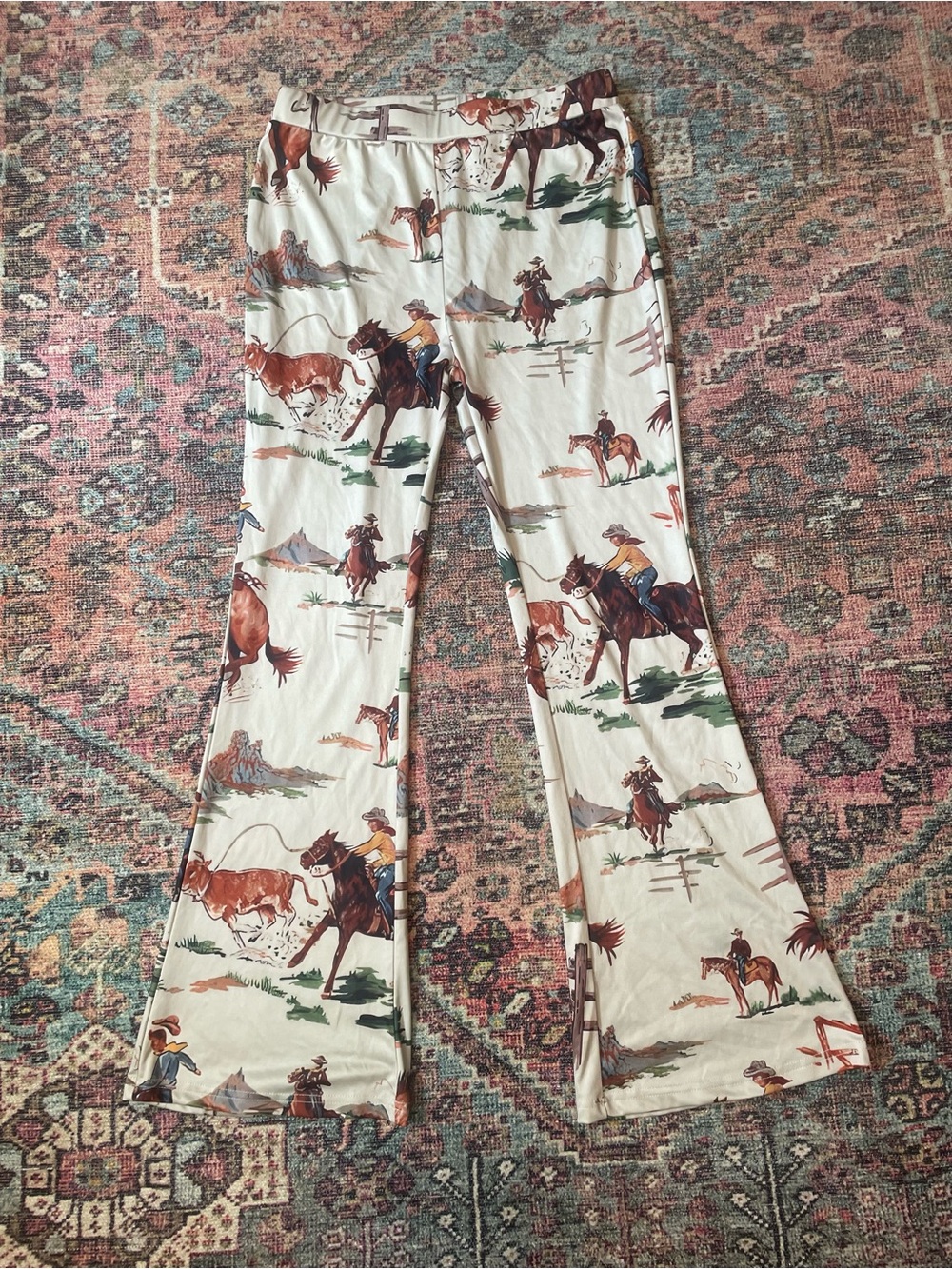 SHEIN Cream Wide-Leg Pants with Cowboy Print